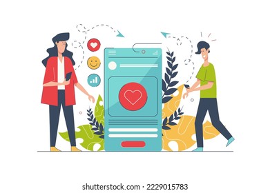 Social network concept with people scene in flat cartoon design. Man and woman communicate online, publish and share posts, get likes using app. Vector illustration with character situation for web