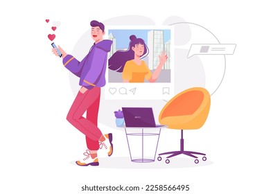 Concepto de red social con escena popular. A un hombre feliz le gustan las fotos de mujeres en un blog en aplicación móvil. Pareja usando la aplicación de citas en línea. Ilustración vectorial con carácter en diseño plano moderno para web