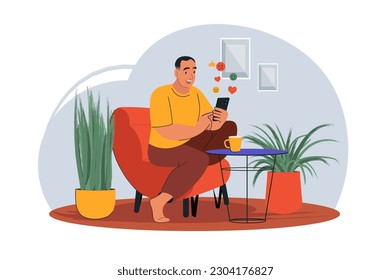Social network Concept with people scene in the flat cartoon design. A man checks social networks sitting at home. Vector illustration.