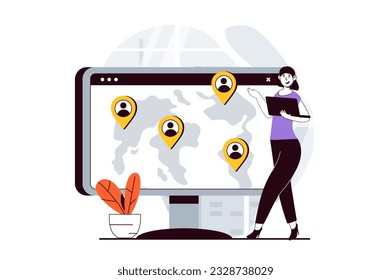 Social network concept with people scene in flat design for web. Woman communicating online and having distantly friends in global. Vector illustration for social media banner, marketing material.