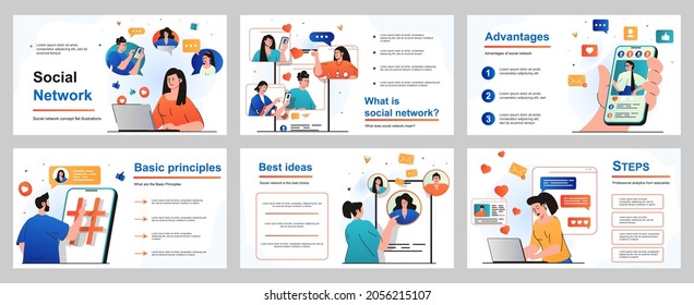 Social network concept for presentation slide template. People browse feeds, follow friends profiles, post photos, comment and like, online communication. Vector illustration for layout design