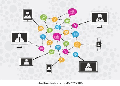 Social Network concept with profile of people on communication devices connected to each others.