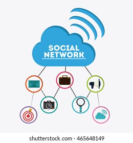 Social Network concept represented by cloud and icon set. Colorfull and flat illustration