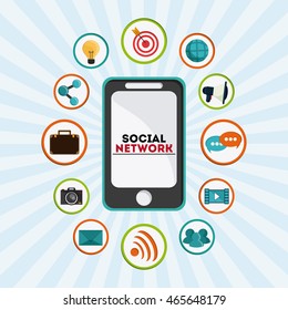 Social Network concept represented by smartphone and icon set design. Colorfull and flat illustration