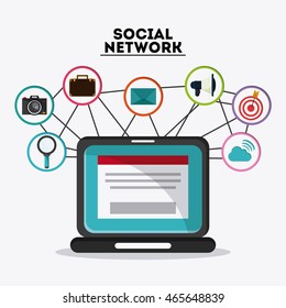 Social Network concept represented by laptop and  icon set. Colorfull and flat illustration