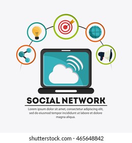 Social Network concept represented by laptop and  icon set. Colorfull and flat illustration