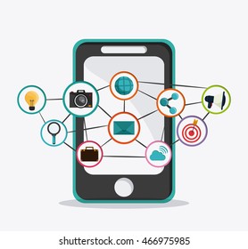 Social Network concept represented by smartphone and icon set design. Colorfull and flat illustration
