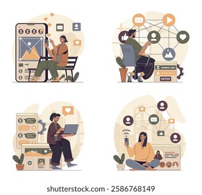 Social network concept scenes set in flat web design. People in situations of online connect with internet friends, taking selfies, posting online, collect likes, sharing links. Vector illustrations.