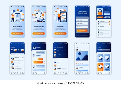 Social network concept screens set for mobile app template. People chat with friends and meet online, post photos. UI, UX, GUI user interface kit for smartphone application layouts. Vector design