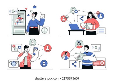 Social network concept set in flat line design. Men and women browsing news feed, new posts of friends and bloggers, communicate online in app. Vector illustration with outline people scene for web