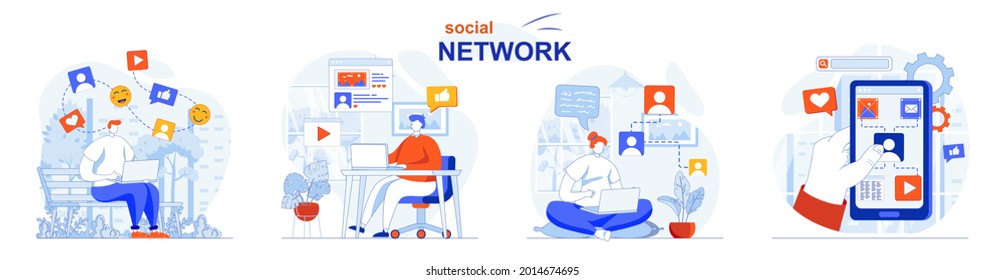 Social network concept set. Users browsing feeds, post photos, like, comment. People isolated scenes in flat design. Vector illustration for blogging, website, mobile app, promotional materials.