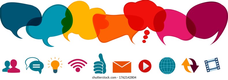 Social Network Concept. Speech Bubble And Online Communication Symbols. Communication Dialogue And Sharing Of Ideas Data Information News And Thoughts In Social Media. Communicate Via The Web