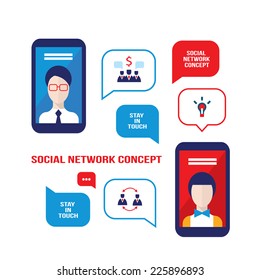 Social network concept. Stay in touch. Vector illustration of two mobile smart phones with people avatars.