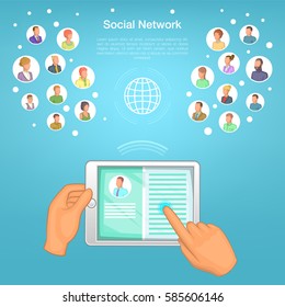 Social network concept tablet set. Cartoon illustration of social network vector concept for web