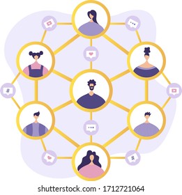 Social network. Social network concept. Tiny people communicate by exchanging data, photos, videos, links, posts on social networks. Vector flat illustration in modern style.