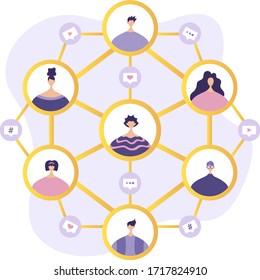 Social network. Social network concept. Tiny people communicate by exchanging data, photos, videos, links, posts on social networks. Vector flat illustration in modern style.