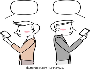 Social network concept with two peoples reading text messages and texting on their smartphones. Two men reading message from mobile phone screen. Two men using phone. Blank speech bubbles included.
