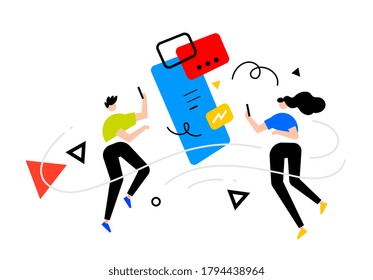 social network concept, vector business illustration of a man and woman with smart phone, people communication