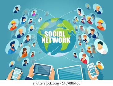 Social network concept. Vector of diverse people connected online via modern technology 