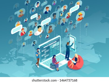 Social network concept. Vector of diverse people connecting all over the world using modern technology 