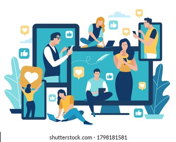 Social network concept. Vector illustration of friends communicating, sending an counting like and heart. Vector illustration