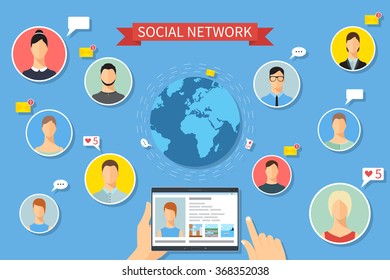  Concepto de red social. Ilustración vectorial. Establecer avatares de personas e iconos. Manos sosteniendo y usando el comprimido.