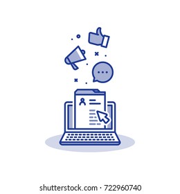 Social Network Concept, Web Page And Laptop, Thumbs Up And Megaphone, Social Media Marketing, Content Management, Personal Profile, Online Communication, Public Relations, Site Development Vector Icon
