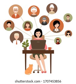 Social Network Concept. Woman With A Laptop. Virtual Communication. Vector Illustration