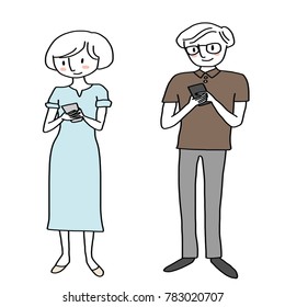 Social network concept with woman and man in glasses holding smartphone, typing text and sending messages to someone. Full-length portrait of couple texting. Vector illustration with hand-drawn style.