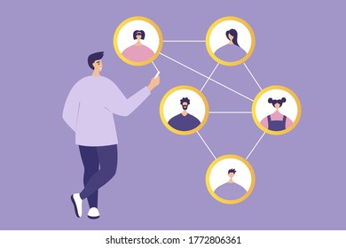 Social network. Social network concept. Young male character connecting together different members of the system. Vector flat illustration in modern style.