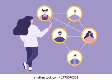 Social network. Social network concept. Young woman character connecting together different members of the system. Vector flat illustration in modern style.