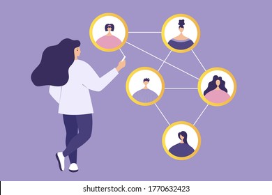 Social network. Social network concept. Young woman character connecting together different members of the system. Vector flat illustration in modern style.