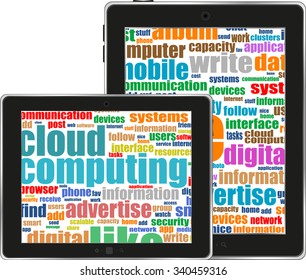 social network and connected words on touchscreen tablet pc with finger touching screen. Raster vector illustration