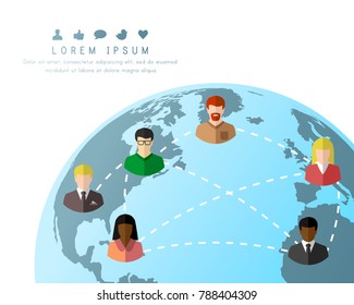 Social network, connection and communication concept with diverse people. Close-up of Earth, dotted lines and social media icons.