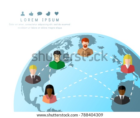 Social network, connection and communication concept with diverse people. Close-up of Earth, dotted lines and social media icons.