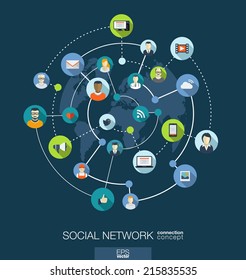 Social network connection concept. Abstract background with integrated circles and icons for digital, internet, media, connect, technology, global concepts. Vector infograph illustration. Flat design