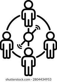 Social network connection icon depicting people linked to a central communication hub.