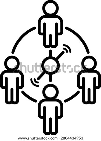 Social network connection icon depicting people linked to a central communication hub.