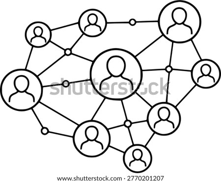 Social network connection illustration showing people linked in a digital communication system. Modern line icon design representing online community, networking, and teamwork concept.