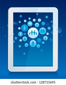 Social network connection with tablet PC background.