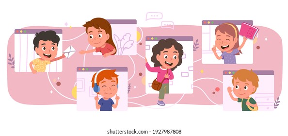 Social network connections concept boys, girls kids communicating online. Friends children persons in app windows sending email, meeting on Internet. Virtual communication flat vector illustration set