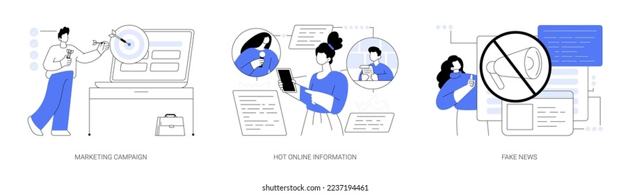 Social network content abstract concept vector illustration set. Marketing campaign, hot online information, fake news, target audience in social media, spreading rumors online abstract metaphor.