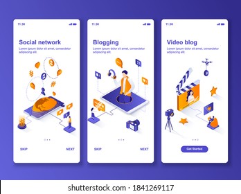 Social network content production isometric GUI design kit. Blogging and vlogging templates for mobile app. Online streaming UI UX onboarding screens. Vector illustration with tiny people characters.