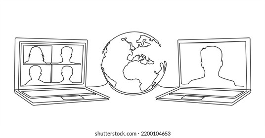 Social network. Continuous one line drawing of laptops with some people on screen and globe. learning or meeting online with teleconference, video conference remote working , work from home.