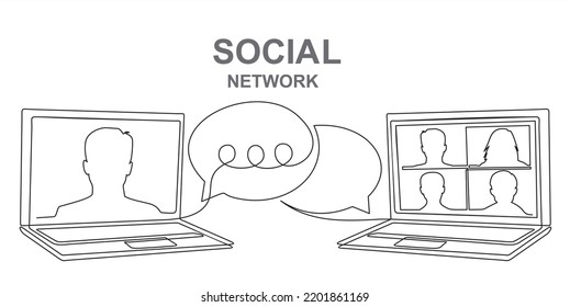 Social network. Continuous one line drawing of laptops with some people on screen and speech bubble. learning or meeting online with teleconference, video conference remote working , work from home.