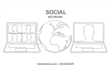 Red social. Dibujo continuo de una línea de laptops con algunas personas en pantalla y globo. aprendizaje o reunión en línea con teleconferencia, videoconferencia trabajo remoto , trabajo desde casa.