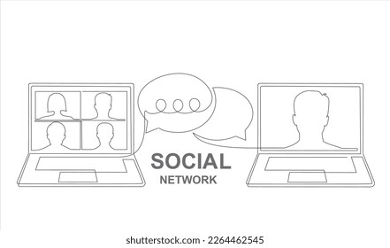 Social network. Continuous one line drawing of laptops with some people on screen and speech bubble. learning or meeting online with teleconference, video conference remote working , work from home.