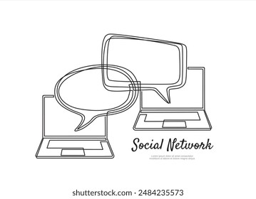 Social network. Continuous one line drawing of laptops with  speech bubble. learning or meeting online with teleconference, video conference remote working , work from home.