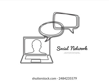 Red social. Video Dibujo continuo de una línea de portátil con humanos en pantalla y burbujas de voz. Aprender o reunirse en línea con teleconferencia,