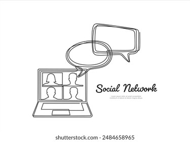 Red social. Video Dibujo continuo de una línea de portátil con personas en pantalla y burbujas de voz. Aprender o reunirse en línea con teleconferencia,